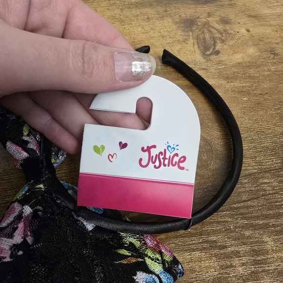 New Justice Floral Black Headband with Bow - Picture 3 of 7